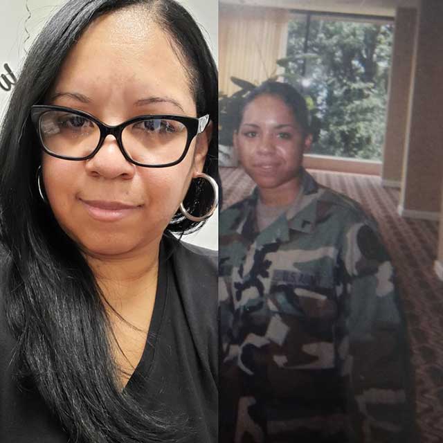 divisional assistant angela portrait alongside photo of her in Army uniform